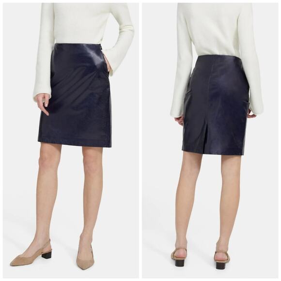 Theory Navy Ocean 100% Lamb Leather Clean Pencil Skirt Size 0 - Picture 1 of 7